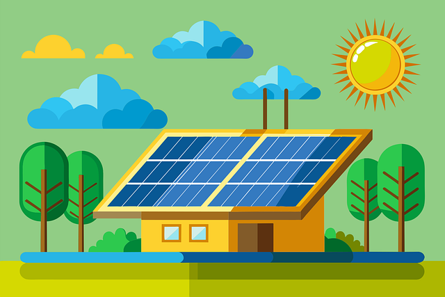 Illustration of a building with solar panels on the roof, surrounded by trees, under a sunny sky with clouds.