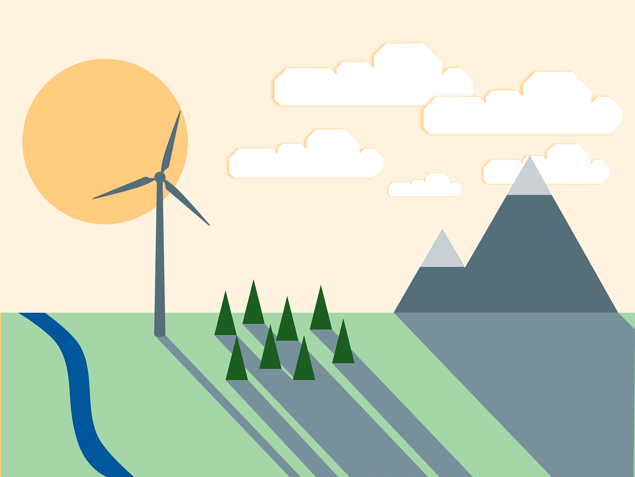 Illustration of wind turbine with a river and green trees, a mountain in the background, and the sun and clouds in the sky.